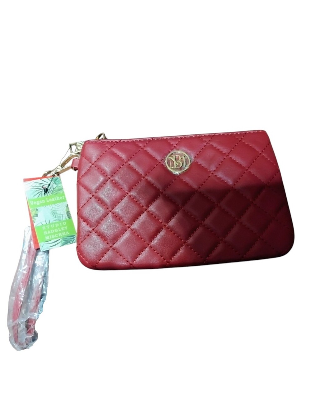 Quilted Red Wristlet Clutch with Gold Emblem